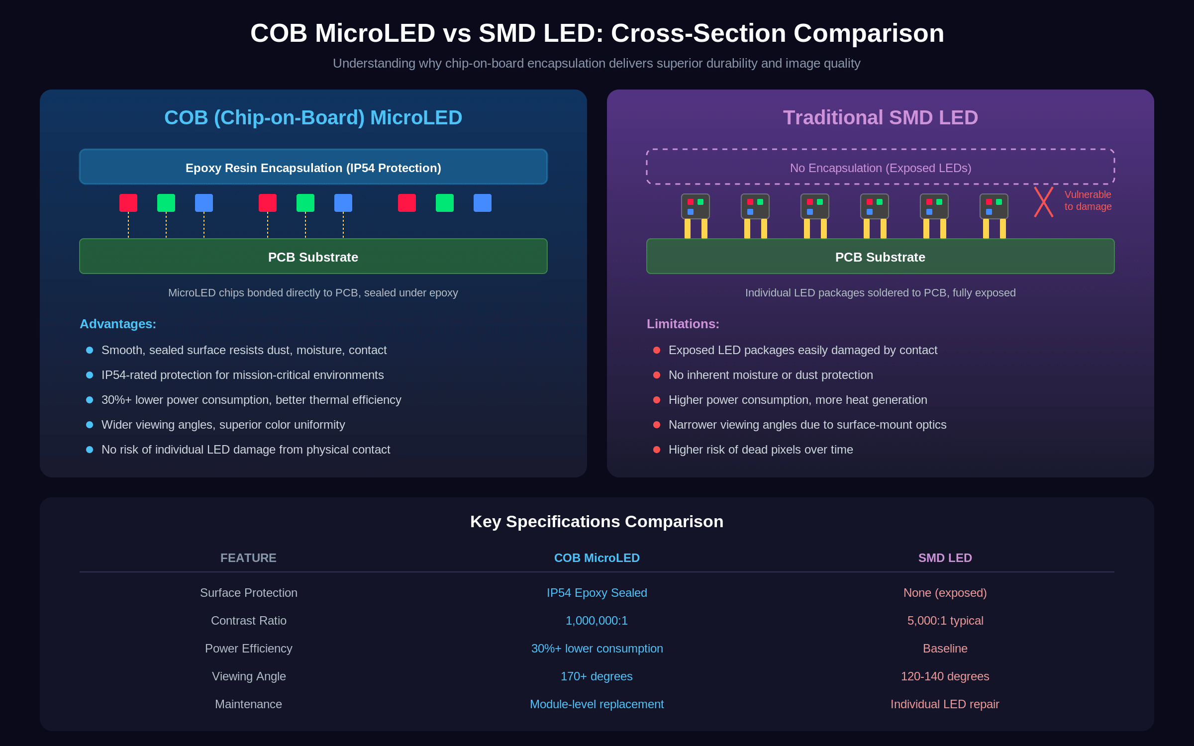 COB vs SMD MicroLED technology comparison diagram showing cross-section differences and key specifications