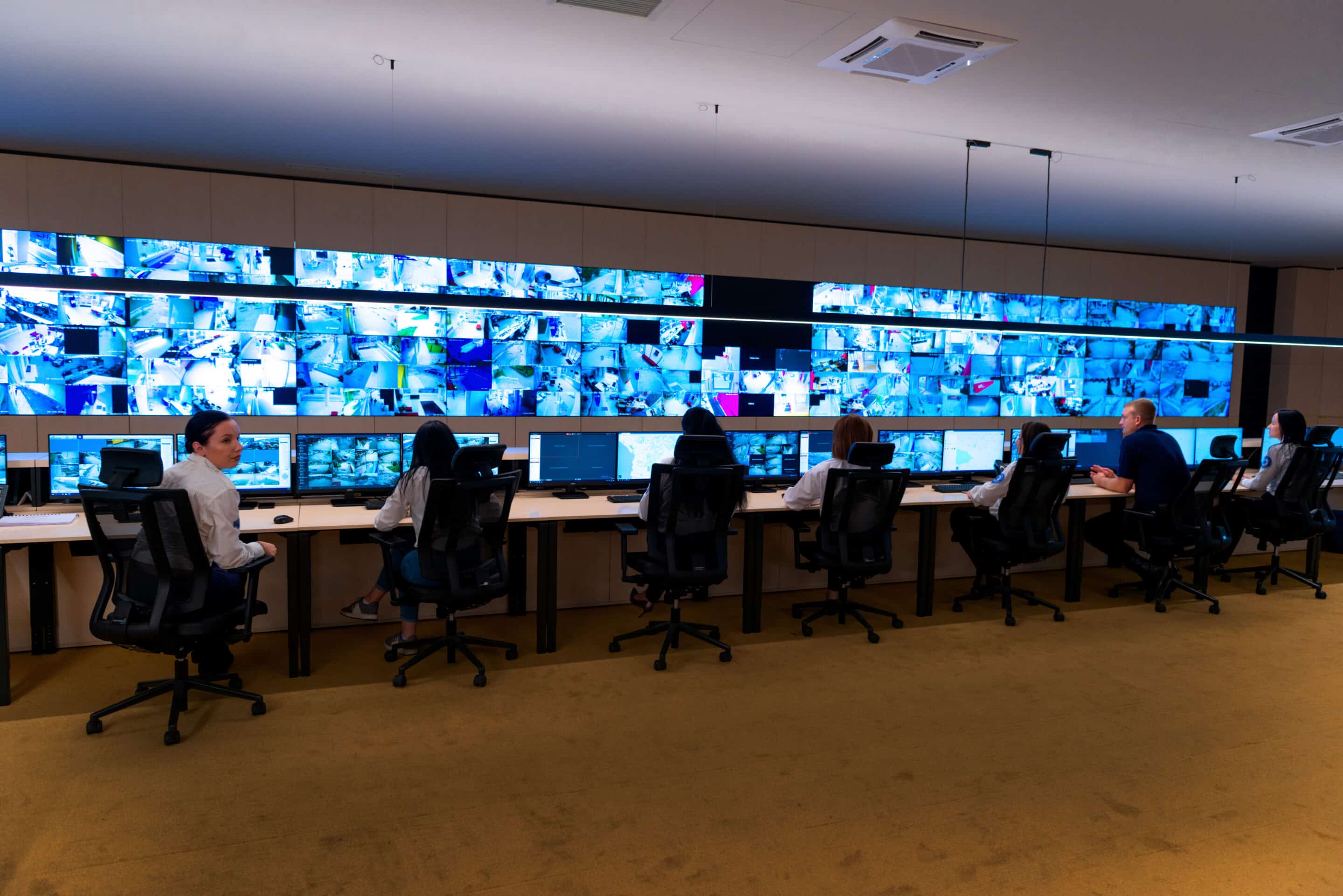 MicroLED video wall in a command center control room displaying real-time data feeds and surveillance video