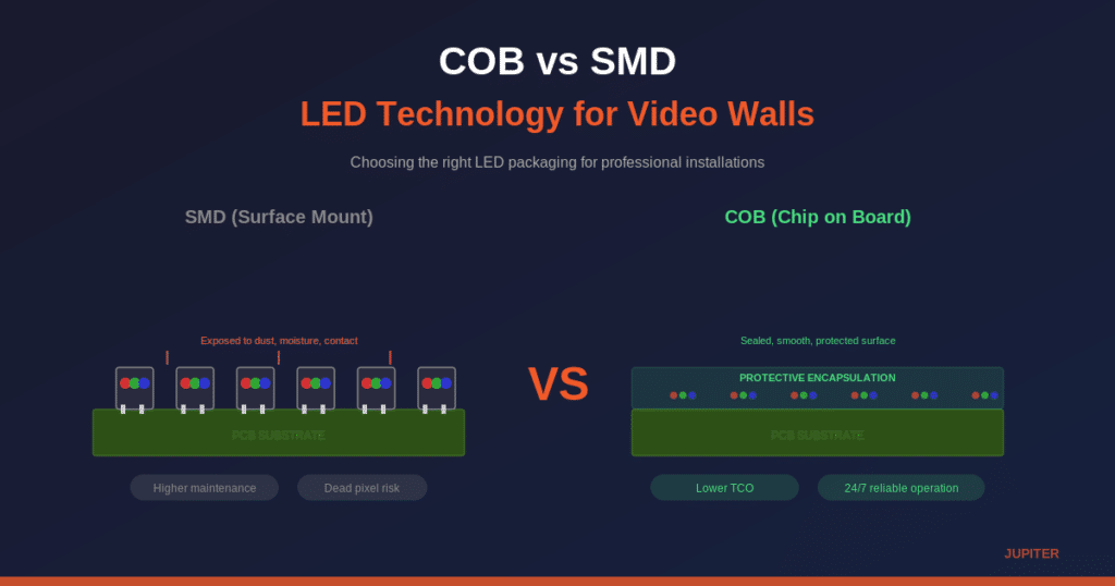 COB vs SMD LED video wall comparison showing encapsulated chip-on-board technology for control rooms