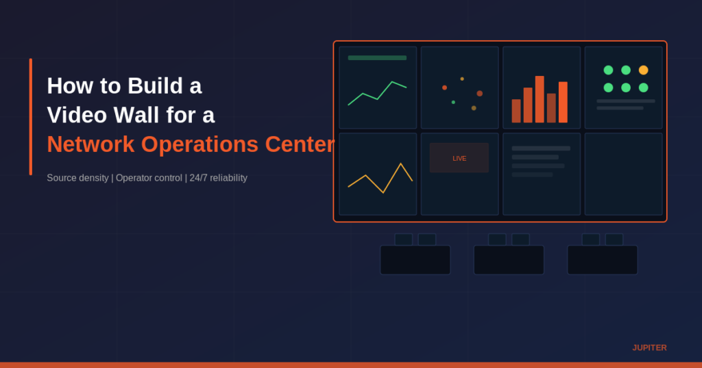 Network operations center video wall displaying real-time monitoring data across multiple sources