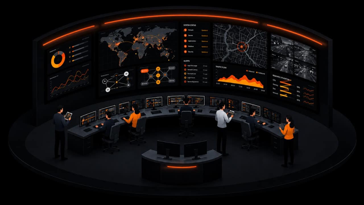 Jupiter command center video wall with world map, network topology and live camera feeds